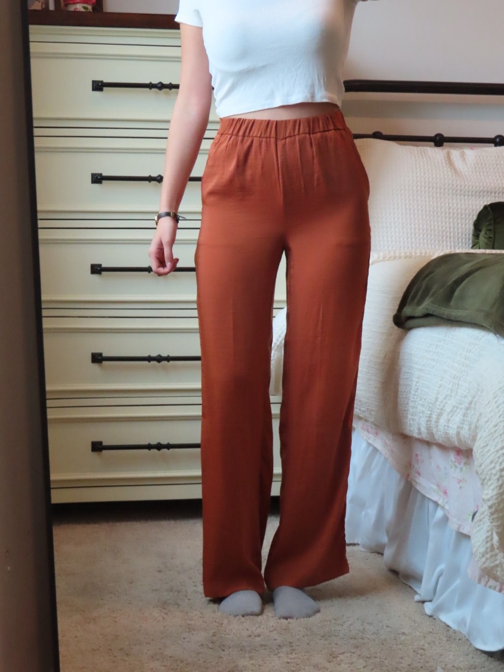 Women’s XS Solid Fall Pumpkin Wide-Leg Pants w/ Pockets Elastic Waist and Tie